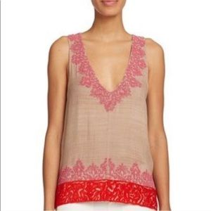 NWT Joie Jules B Beaded Silk Blouse in Wicker Pink & Red